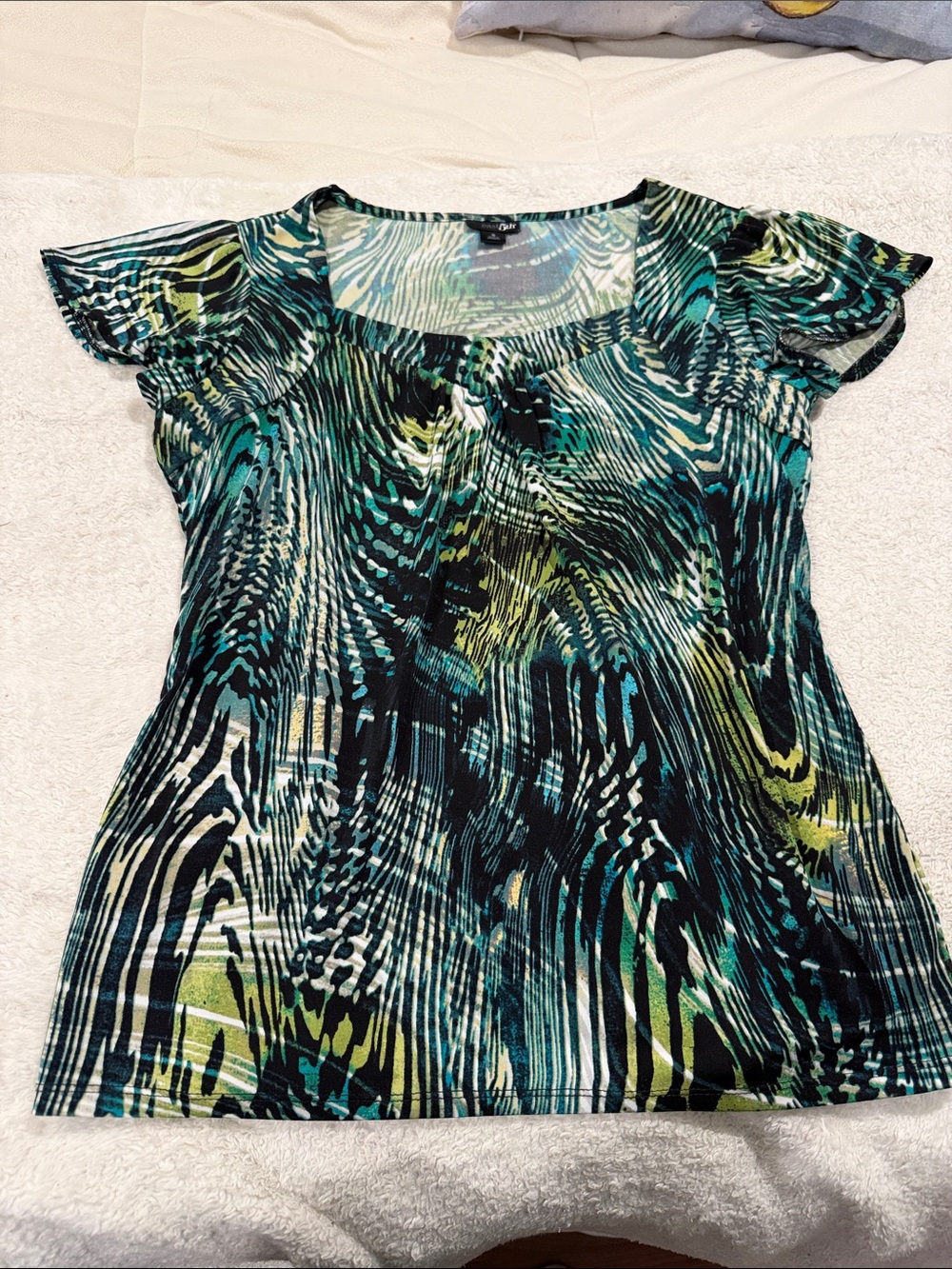East 5th Teal, Black & Green Abstract Short Sleeve Top